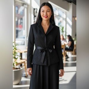 Tahari Arthur S Levine jacquard black blazer with ribbon bow tie waist ladies 10